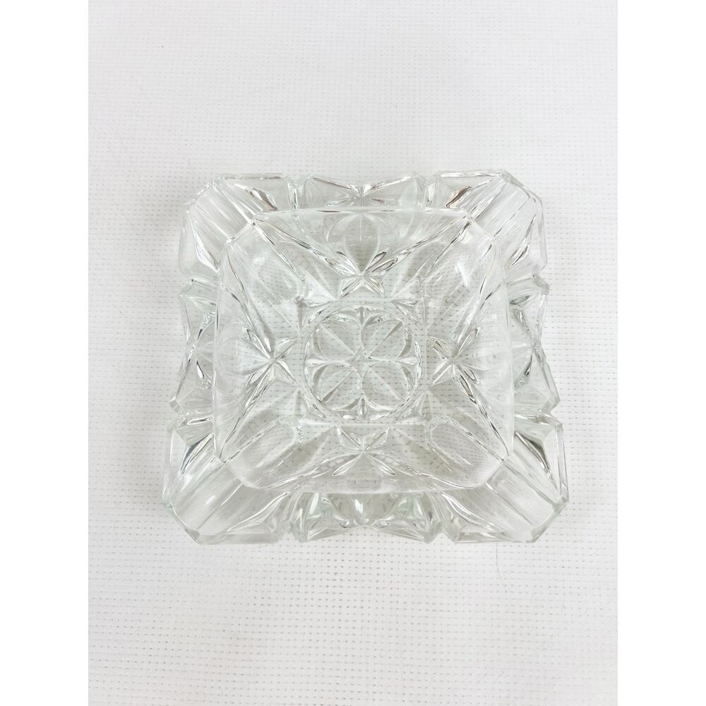 VINTAGE MCM CLEAR CRYSTAL Thick Heavy Glass Square Cigar Ashtray 4 Slot 6.25”